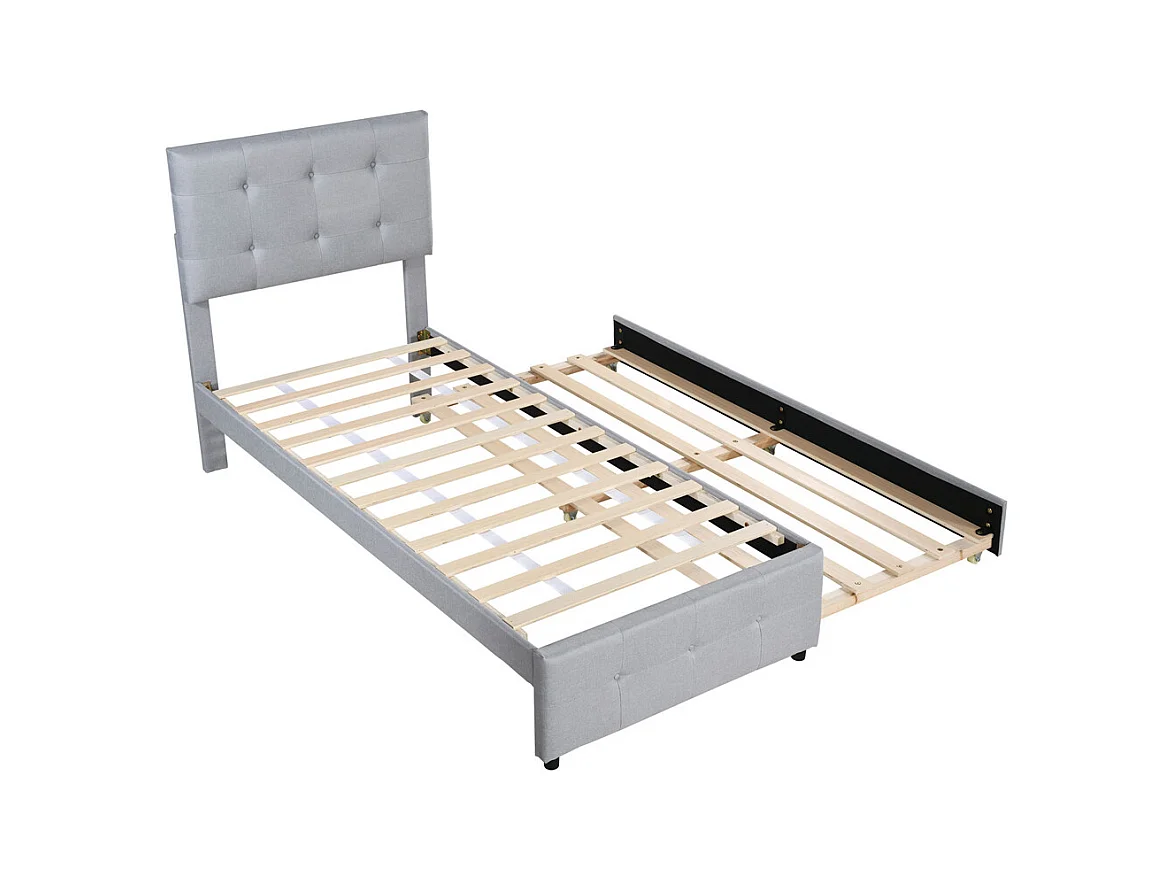 Lit rembourré 90x200cm, lit gigogne enfant, tête de lit réglable, lit simple plat, lit jeune, lit d'appoint, lin, gris