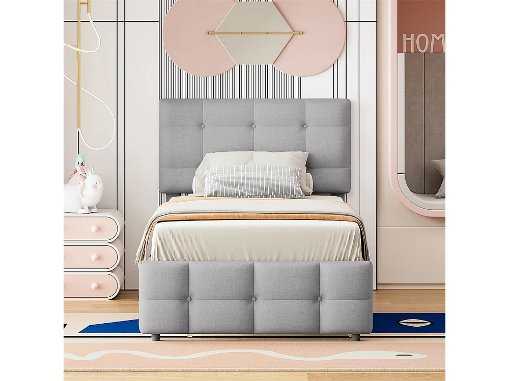 Lit rembourré 90x200cm, lit gigogne enfant, tête de lit réglable, lit simple plat, lit jeune, lit d'appoint, lin, gris