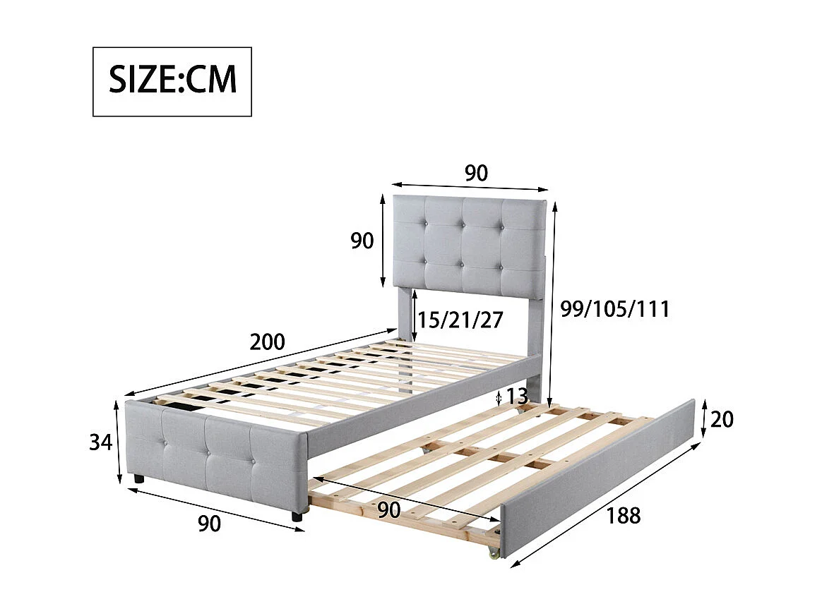 Lit rembourré 90x200cm, lit gigogne enfant, tête de lit réglable, lit simple plat, lit jeune, lit d'appoint, lin, gris
