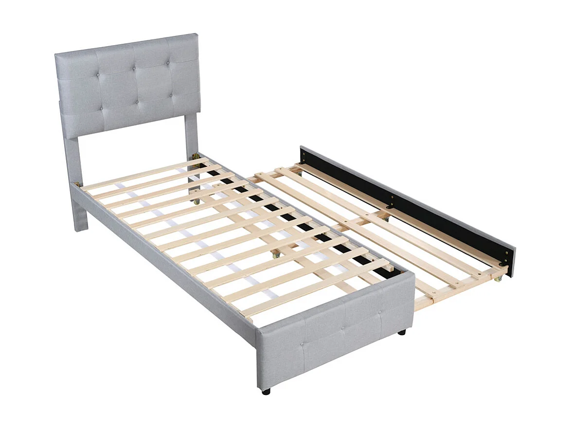 Lit rembourré 90x200cm, lit gigogne enfant, tête de lit réglable, lit simple plat, lit jeune, lit d'appoint, lin, gris