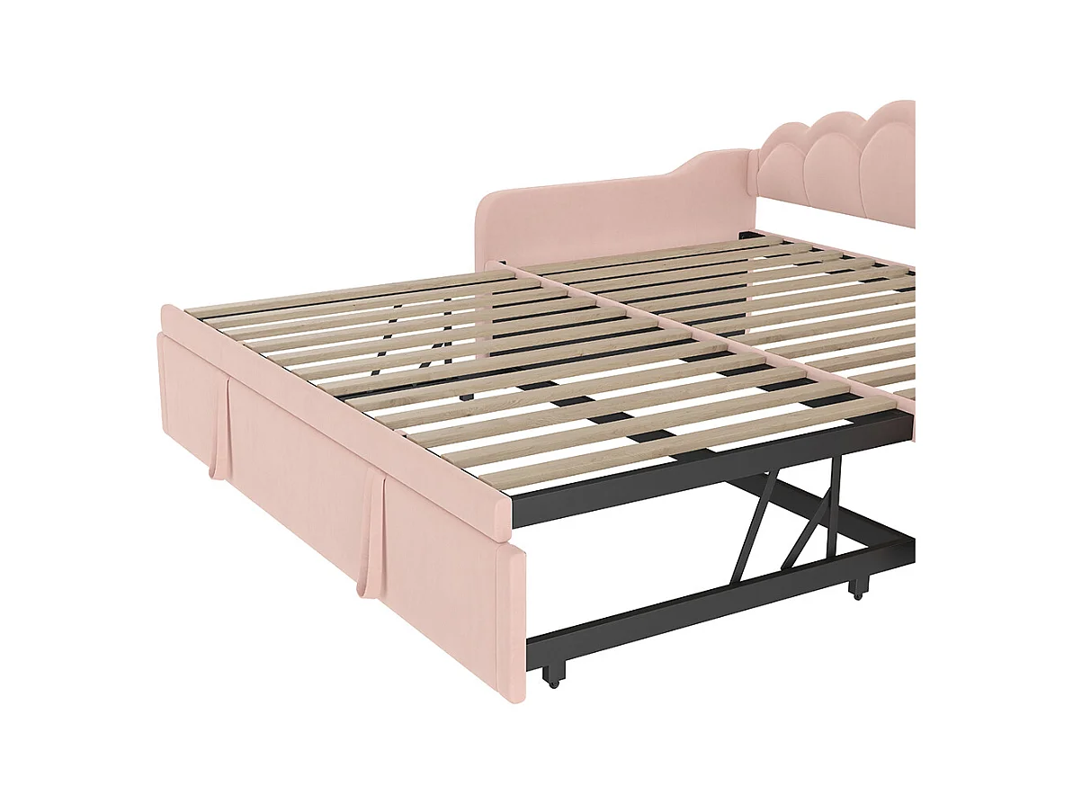 Lit de jour 90x200cm(180x200cm), canapé-lit, lit simple (sans matelas), lit double, avec lit gigogne, bande led aux couleurs changeantes, velours, rose