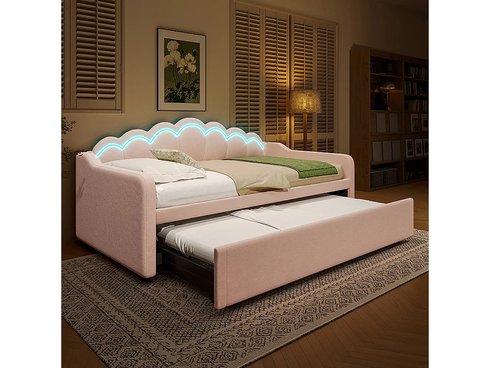 Lit de jour 90x200cm(180x200cm), canapé-lit, lit simple (sans matelas), lit double, avec lit gigogne, bande led aux couleurs changeantes, velours, rose