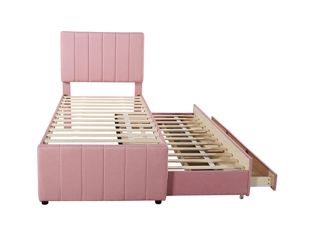 Lit jeune lit 90x200 cm lit rembourré avec lit gigogne et tiroirs lit simple lin rose