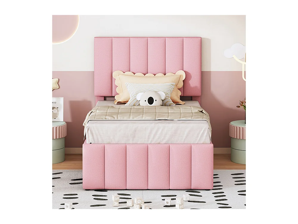 Lit jeune lit 90x200 cm lit rembourré avec lit gigogne et tiroirs lit simple lin rose