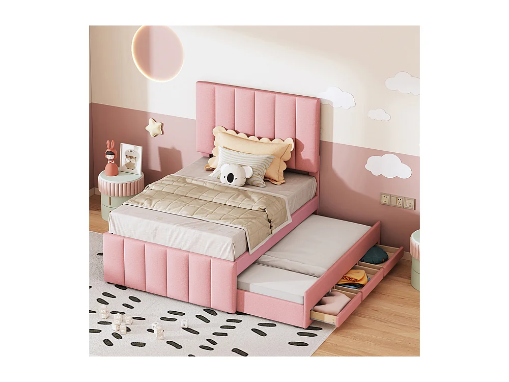 Lit jeune lit 90x200 cm lit rembourré avec lit gigogne et tiroirs lit simple lin rose