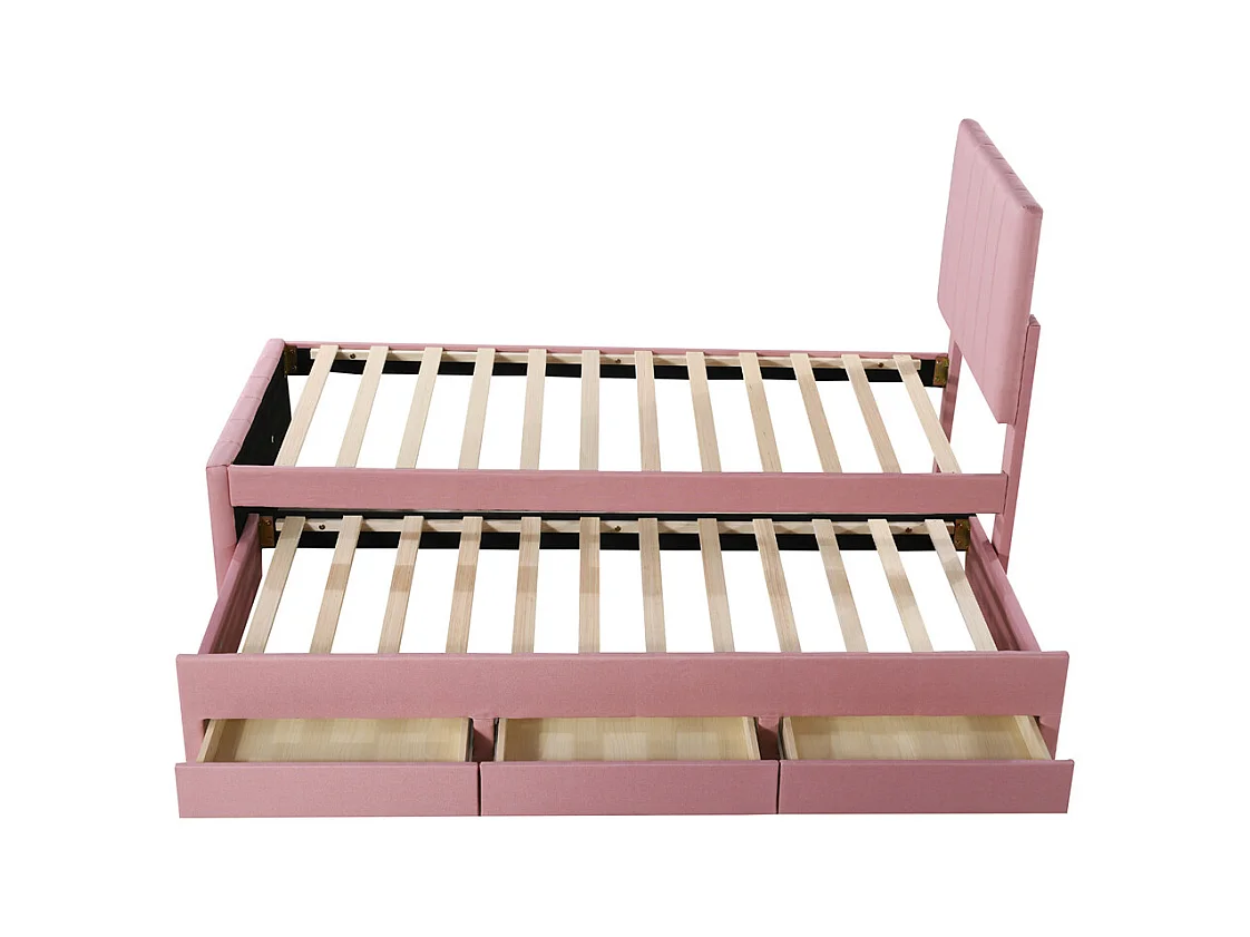 Lit jeune lit 90x200 cm lit rembourré avec lit gigogne et tiroirs lit simple lin rose
