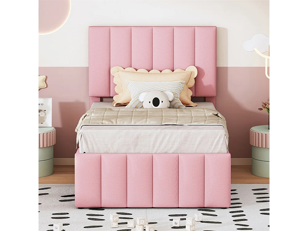 Lit jeune lit 90x200 cm lit rembourré avec lit gigogne et tiroirs lit simple lin rose
