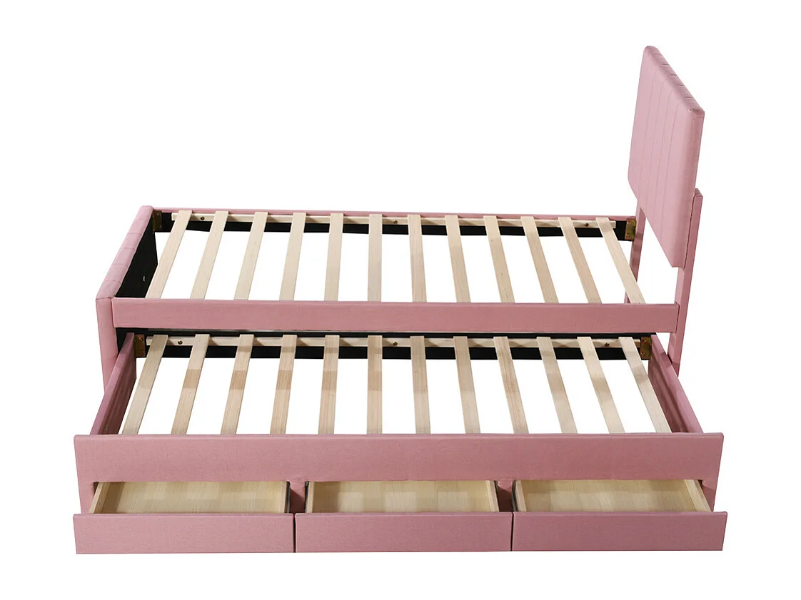 Lit jeune lit 90x200 cm lit rembourré avec lit gigogne et tiroirs lit simple lin rose