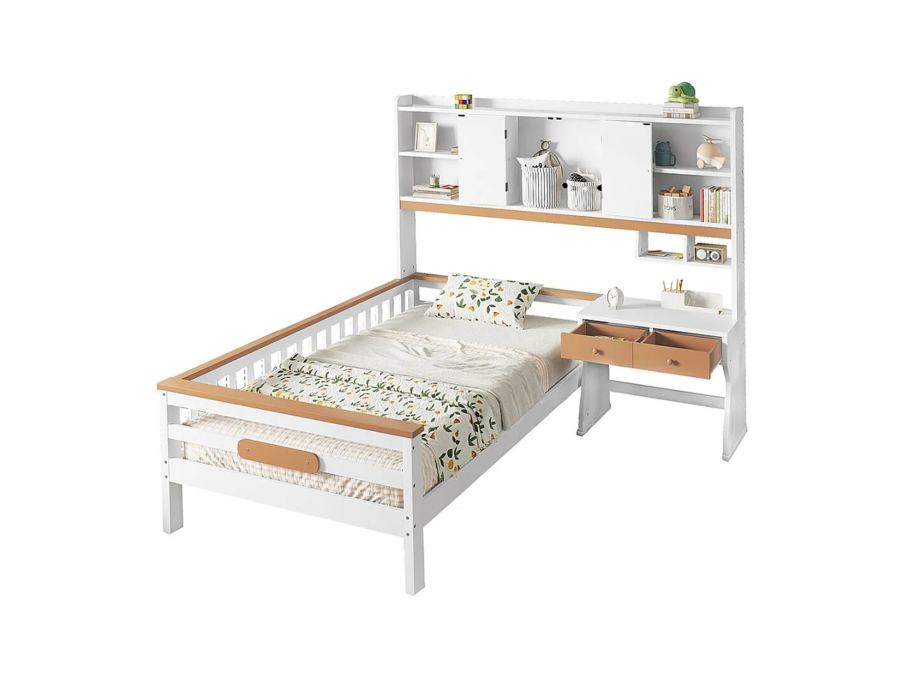 Lit enfant 90x200cm, avec placard de rangement, avec table et tiroirs, avec planche de protection et sommier à lattes