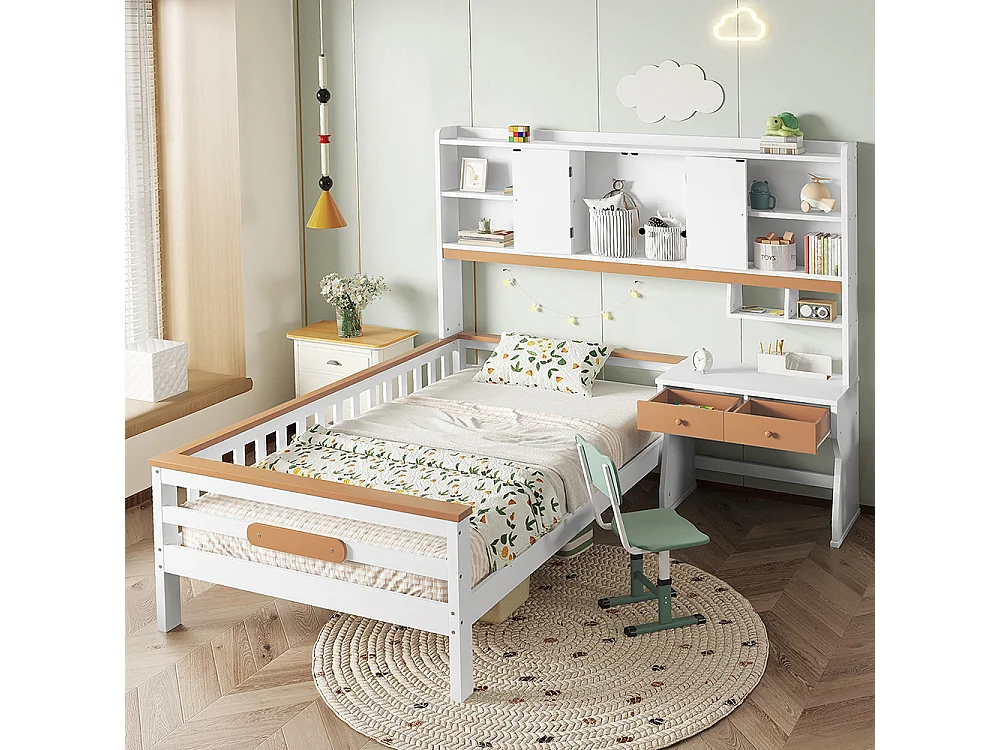 Lit enfant 90x200cm, avec placard de rangement, avec table et tiroirs, avec planche de protection et sommier à lattes