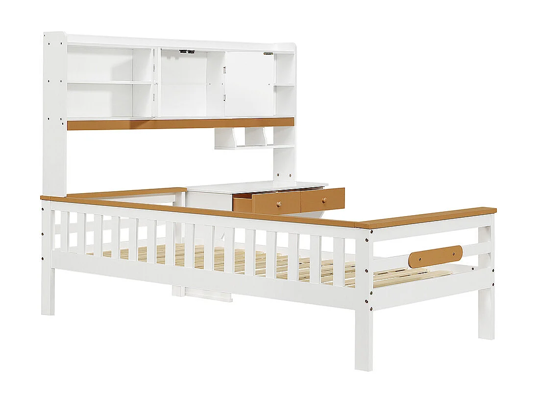 Lit enfant 90x200cm, avec placard de rangement, avec table et tiroirs, avec planche de protection et sommier à lattes