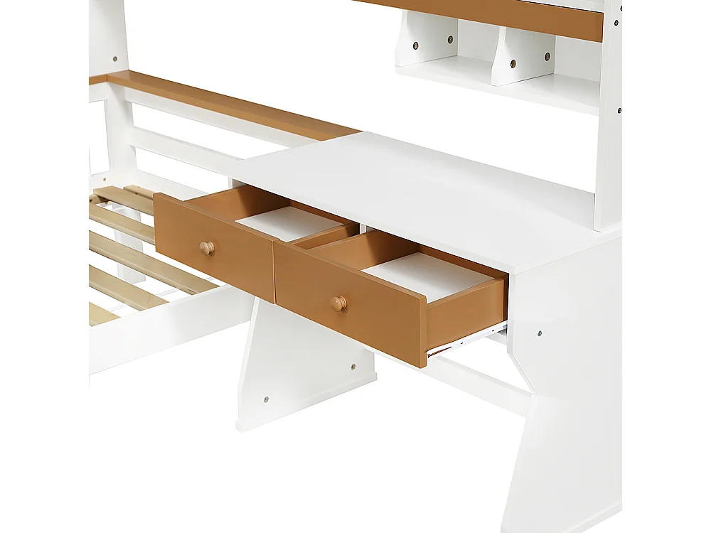 Lit enfant 90x200cm, avec placard de rangement, avec table et tiroirs, avec planche de protection et sommier à lattes