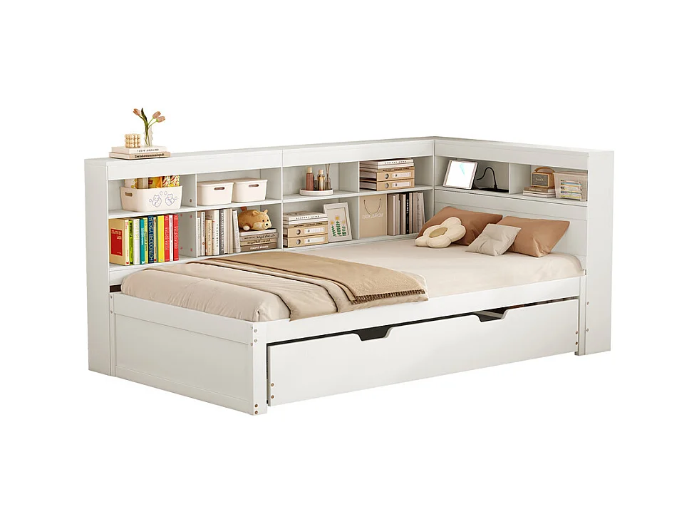 Canapé convertible 90x200, lit gigogne 90x190 avec prise USB et plusieurs rangements, lit en bois massif, lit simple, bois, blanc.