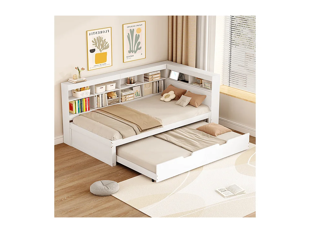 Canapé convertible 90x200, lit gigogne 90x190 avec prise USB et plusieurs rangements, lit en bois massif, lit simple, bois, blanc.