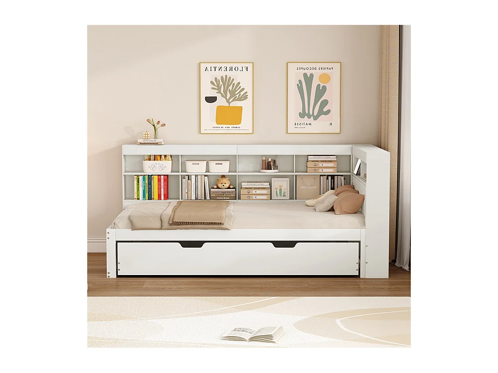 Canapé convertible 90x200, lit gigogne 90x190 avec prise USB et plusieurs rangements, lit en bois massif, lit simple, bois, blanc.