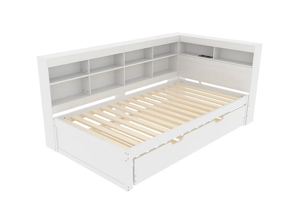 Canapé convertible 90x200, lit gigogne 90x190 avec prise USB et plusieurs rangements, lit en bois massif, lit simple, bois, blanc.