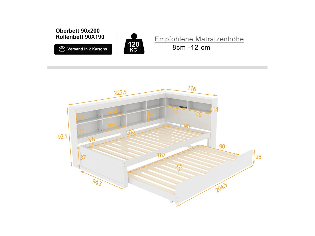 Canapé convertible 90x200, lit gigogne 90x190 avec prise USB et plusieurs rangements, lit en bois massif, lit simple, bois, blanc.