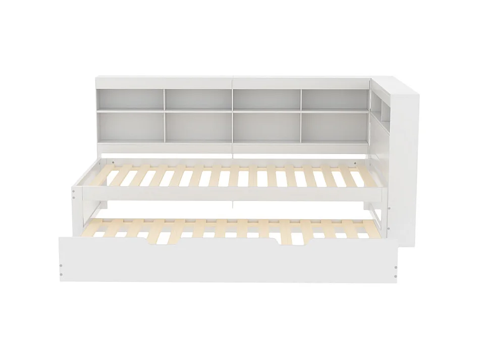 Canapé convertible 90x200, lit gigogne 90x190 avec prise USB et plusieurs rangements, lit en bois massif, lit simple, bois, blanc.