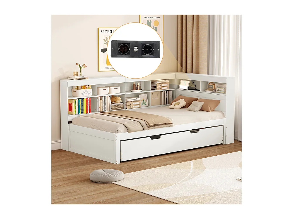 Canapé convertible 90x200, lit gigogne 90x190 avec prise USB et plusieurs rangements, lit en bois massif, lit simple, bois, blanc.