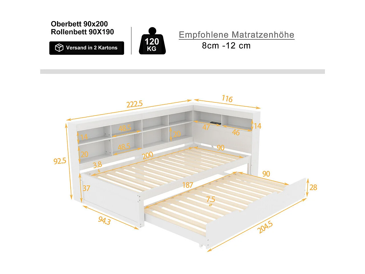 Canapé convertible 90x200, lit gigogne 90x190 avec prise USB et plusieurs rangements, lit en bois massif, lit simple, bois, blanc.