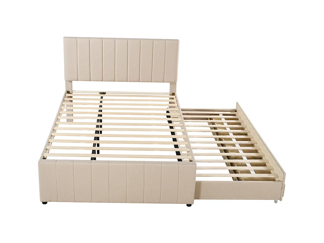 Lit jeune lit 140x200 cm lit rembourré avec lit gigogne et tiroirs lit double lin beige