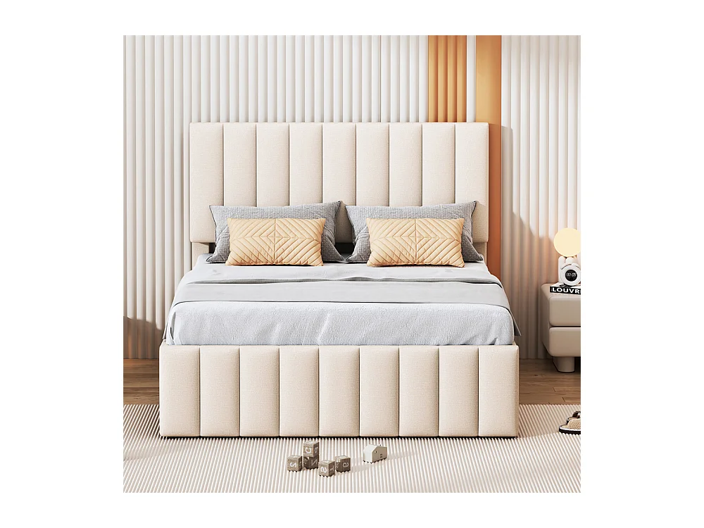 Lit jeune lit 140x200 cm lit rembourré avec lit gigogne et tiroirs lit double lin beige