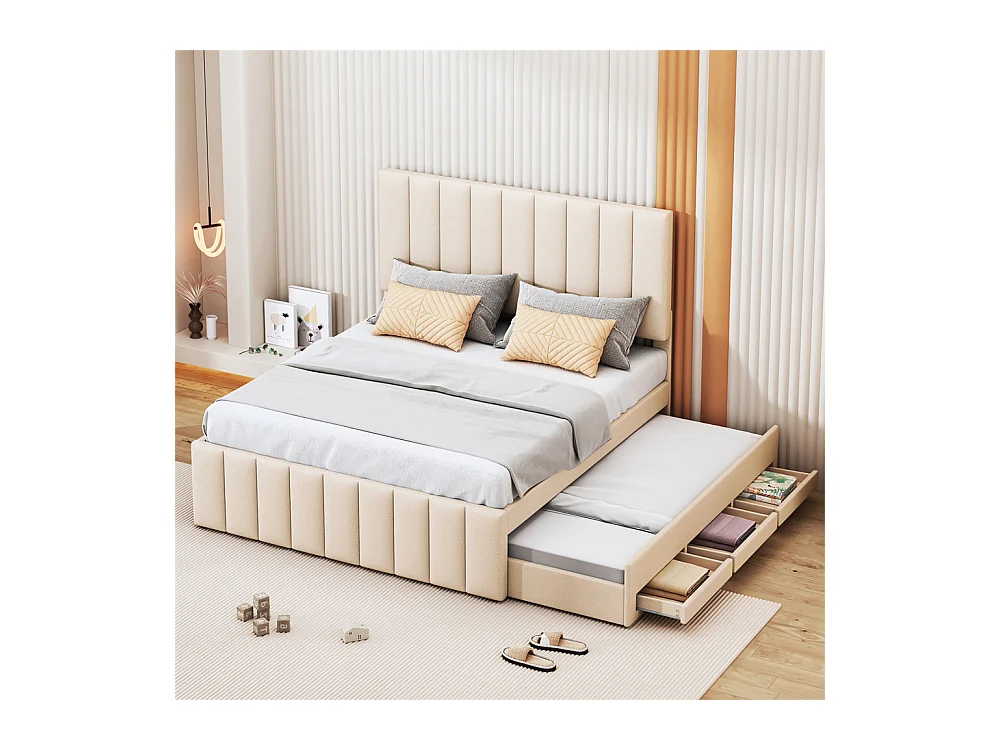 Lit jeune lit 140x200 cm lit rembourré avec lit gigogne et tiroirs lit double lin beige