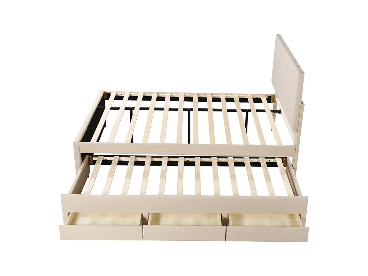 Lit jeune lit 140x200 cm lit rembourré avec lit gigogne et tiroirs lit double lin beige