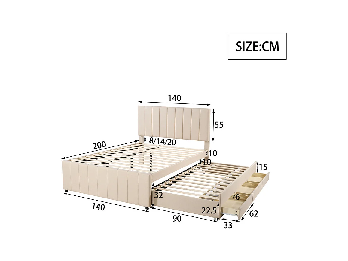 Lit jeune lit 140x200 cm lit rembourré avec lit gigogne et tiroirs lit double lin beige