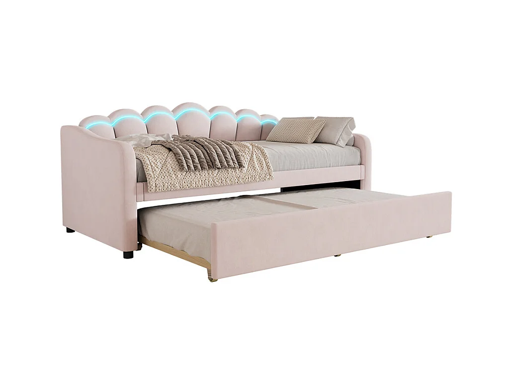 Lit de jour 90x200cm, avec lit gigogne, lumière ambiante changeant de couleur, télécommande, canapé-lit, lit simple(sans matelas), style minimaliste, velours, rose