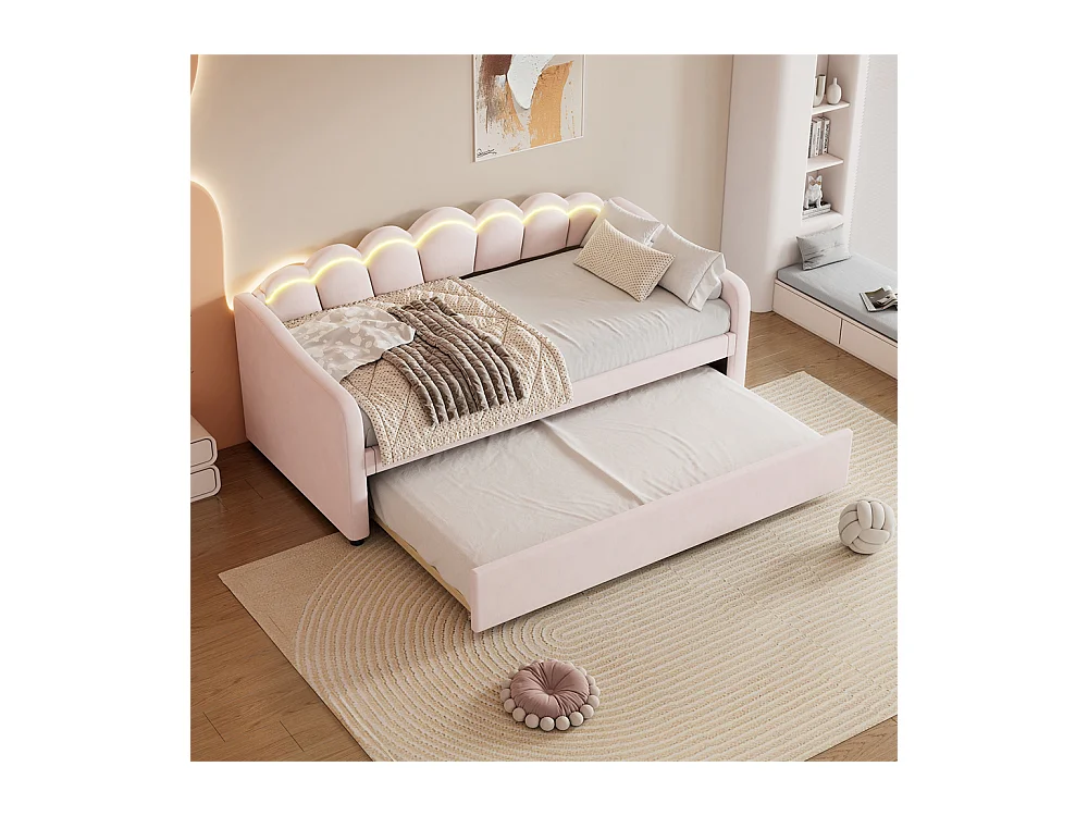 Lit de jour 90x200cm, avec lit gigogne, lumière ambiante changeant de couleur, télécommande, canapé-lit, lit simple(sans matelas), style minimaliste, velours, rose
