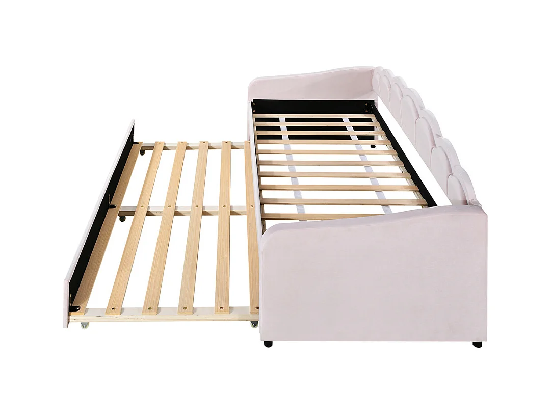 Lit de jour 90x200cm, avec lit gigogne, lumière ambiante changeant de couleur, télécommande, canapé-lit, lit simple(sans matelas), style minimaliste, velours, rose