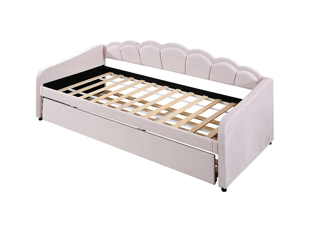 Lit de jour 90x200cm, avec lit gigogne, lumière ambiante changeant de couleur, télécommande, canapé-lit, lit simple(sans matelas), style minimaliste, velours, rose