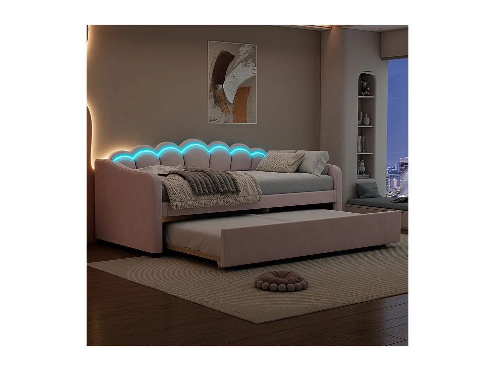 Lit de jour 90x200cm, avec lit gigogne, lumière ambiante changeant de couleur, télécommande, canapé-lit, lit simple(sans matelas), style minimaliste, velours, rose