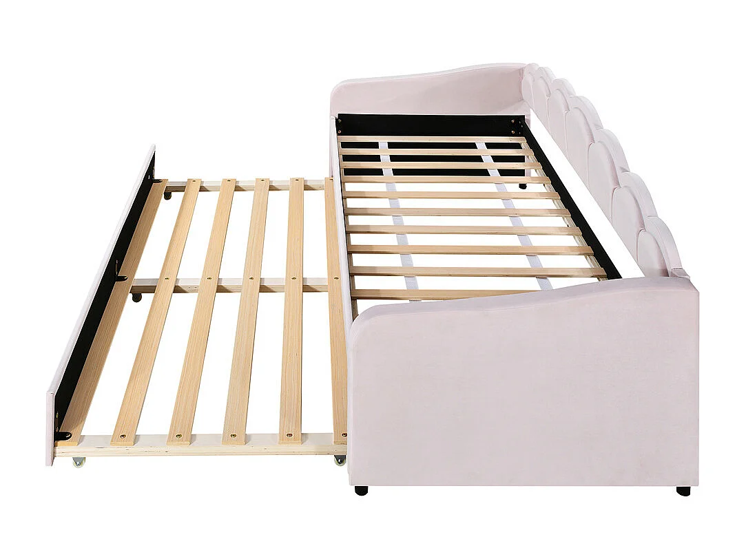 Lit de jour 90x200cm, avec lit gigogne, lumière ambiante changeant de couleur, télécommande, canapé-lit, lit simple(sans matelas), style minimaliste, velours, rose