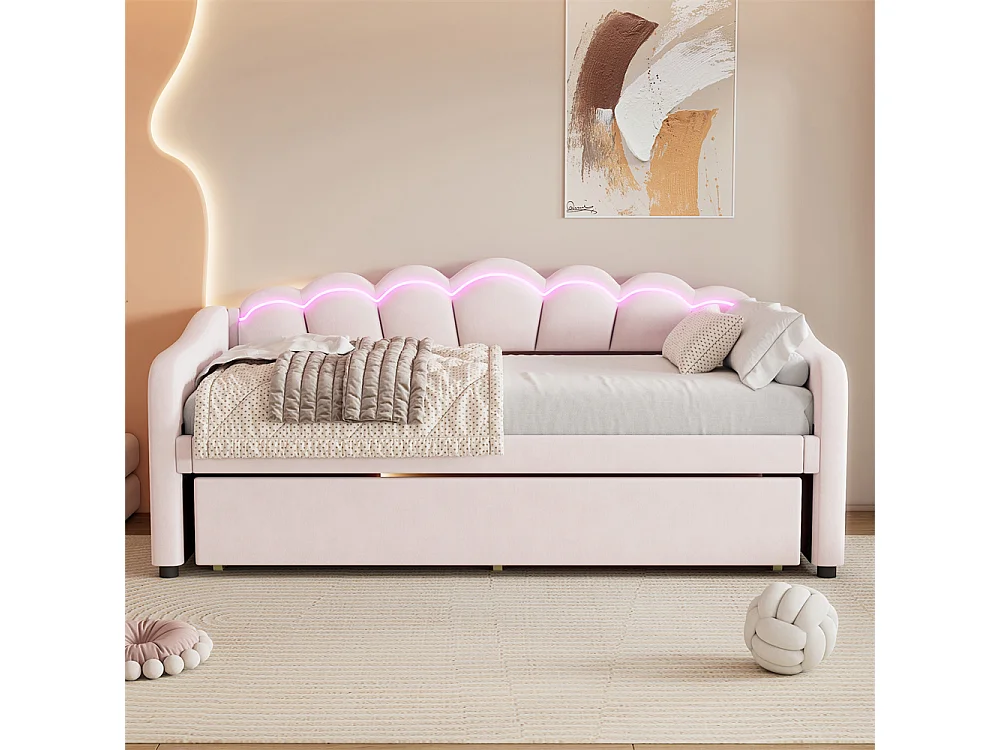 Lit de jour 90x200cm, avec lit gigogne, lumière ambiante changeant de couleur, télécommande, canapé-lit, lit simple(sans matelas), style minimaliste, velours, rose