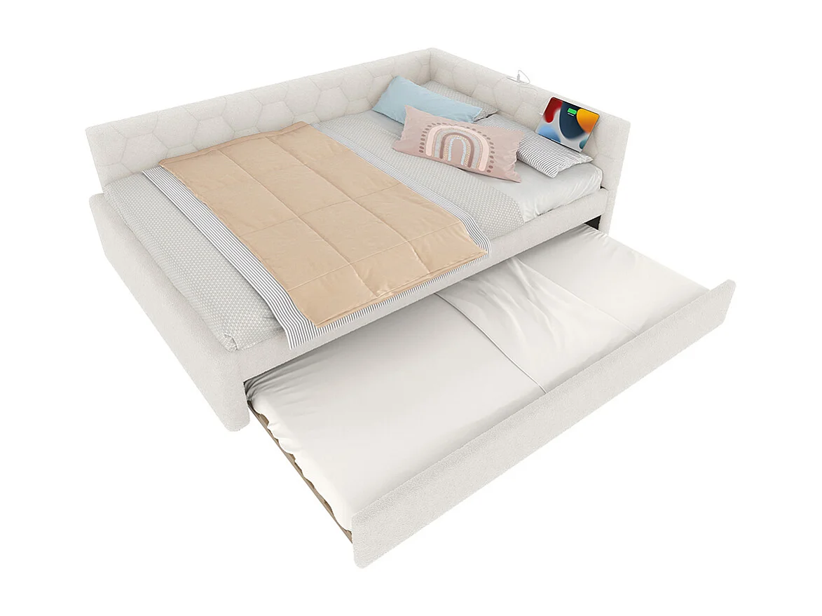 Lit de jour 140x200cm, canapé-lit avec sommier à lattes et lampe de chevet, lit gigogne, connexion usb, type-c, fleece+mdf, blanc, sans matelas