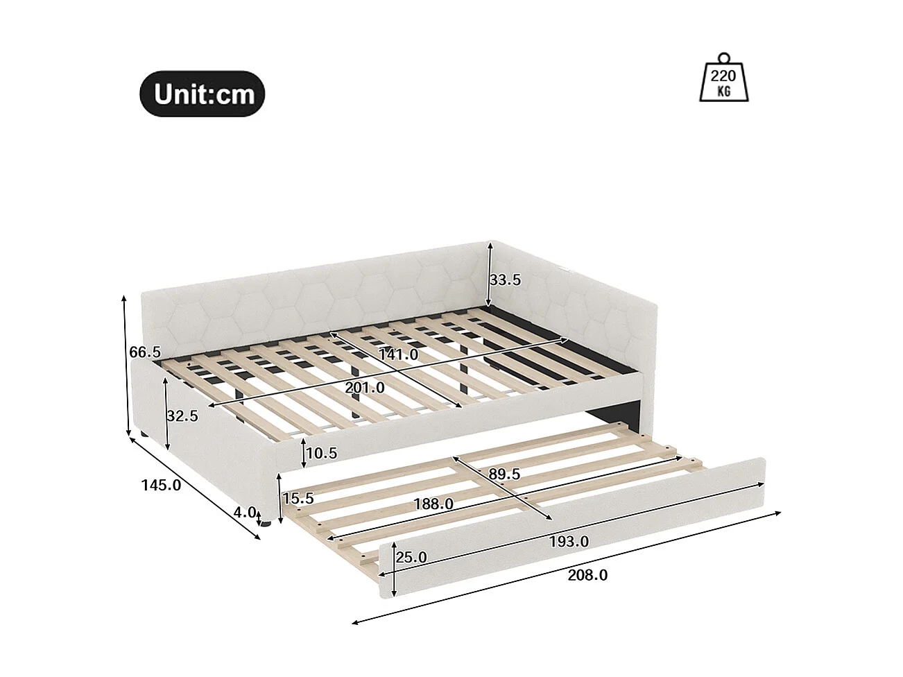 Lit de jour 140x200cm, canapé-lit avec sommier à lattes et lampe de chevet, lit gigogne, connexion usb, type-c, fleece+mdf, blanc, sans matelas