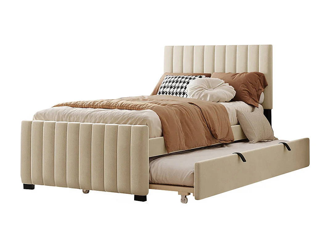 Lit jeune lit 90x190cm lit rembourré lit simple avec lit gigogne tissu en velours beige