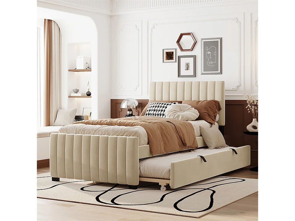 Lit jeune lit 90x190cm lit rembourré lit simple avec lit gigogne tissu en velours beige