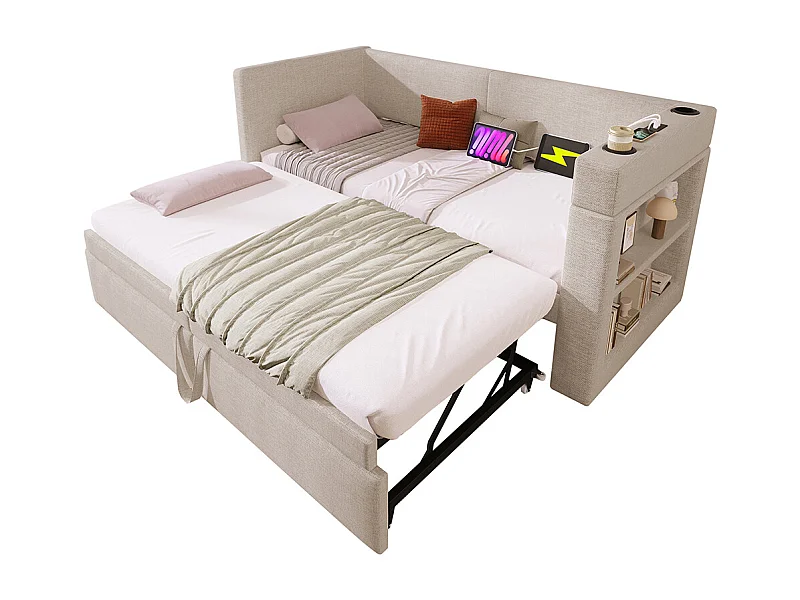 Lit de repos rembourré 90x200 cm, canapé-lit simple avec lit gigogne, mélange de lin, beige, sans matelas.