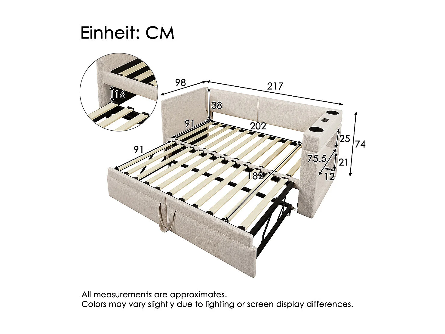 Lit de repos rembourré 90x200 cm, canapé-lit simple avec lit gigogne, mélange de lin, beige, sans matelas.