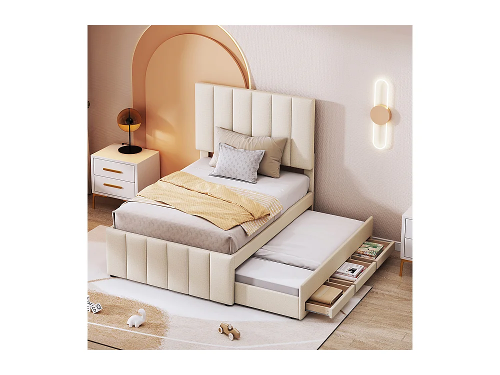 Lit jeune lit 90x200 cm lit rembourré avec lit gigogne et tiroirs lit simple lin beige