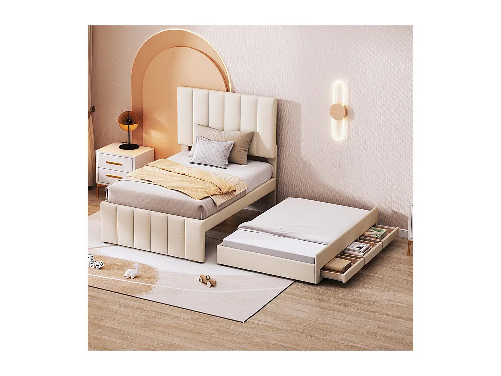 Lit jeune lit 90x200 cm lit rembourré avec lit gigogne et tiroirs lit simple lin beige