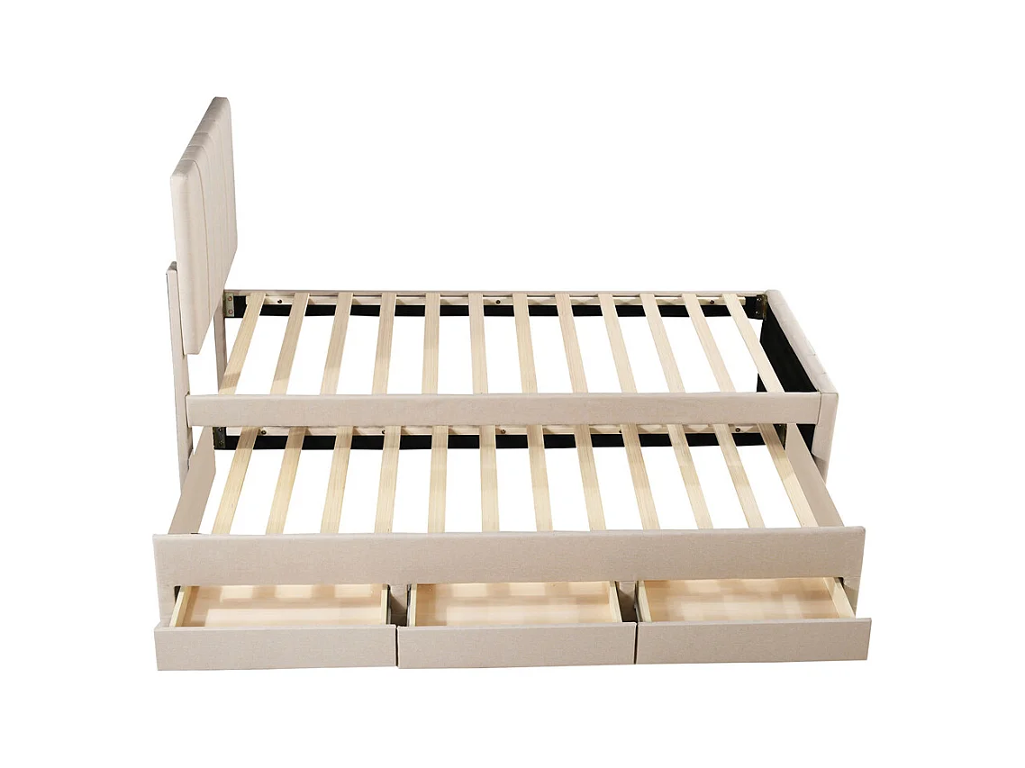 Lit jeune lit 90x200 cm lit rembourré avec lit gigogne et tiroirs lit simple lin beige