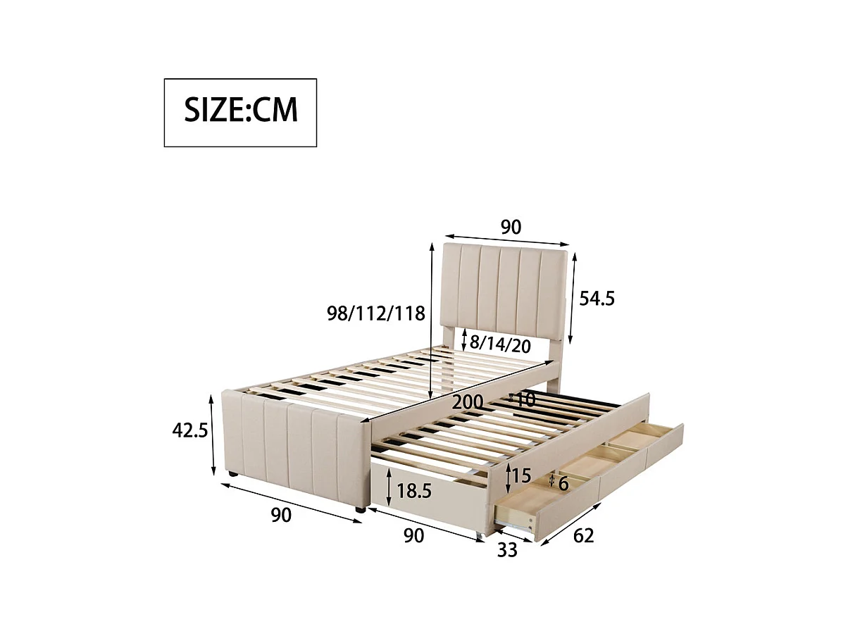 Lit jeune lit 90x200 cm lit rembourré avec lit gigogne et tiroirs lit simple lin beige