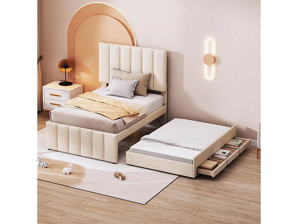 Lit jeune lit 90x200 cm lit rembourré avec lit gigogne et tiroirs lit simple lin beige