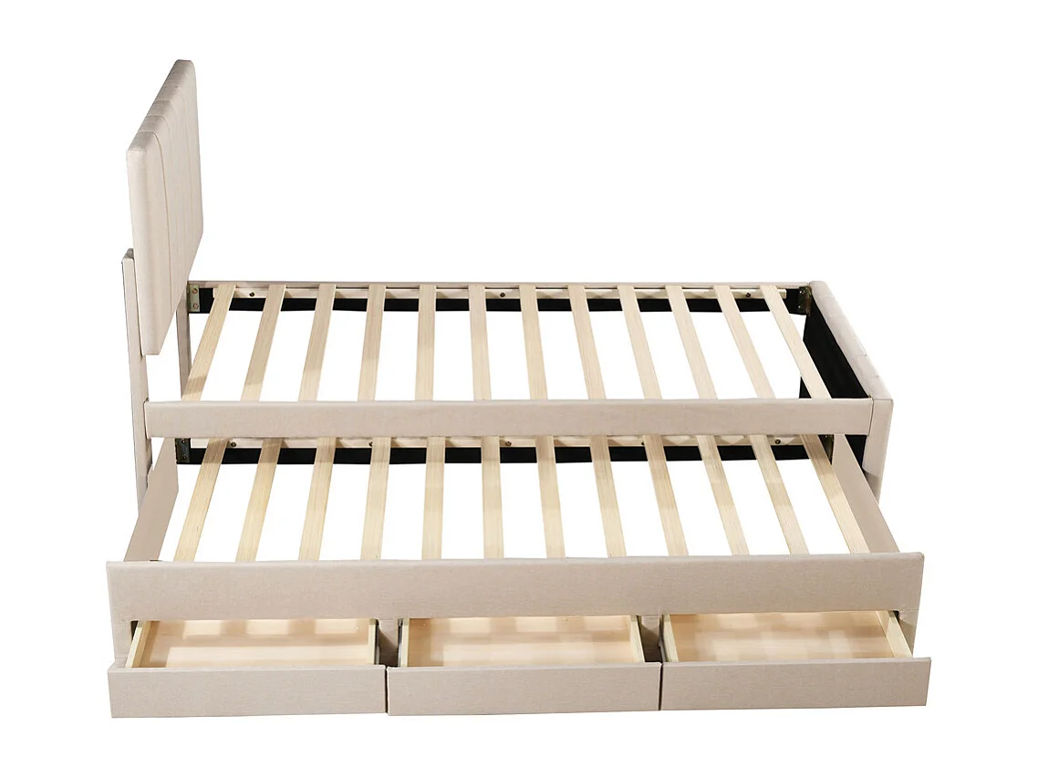 Lit jeune lit 90x200 cm lit rembourré avec lit gigogne et tiroirs lit simple lin beige