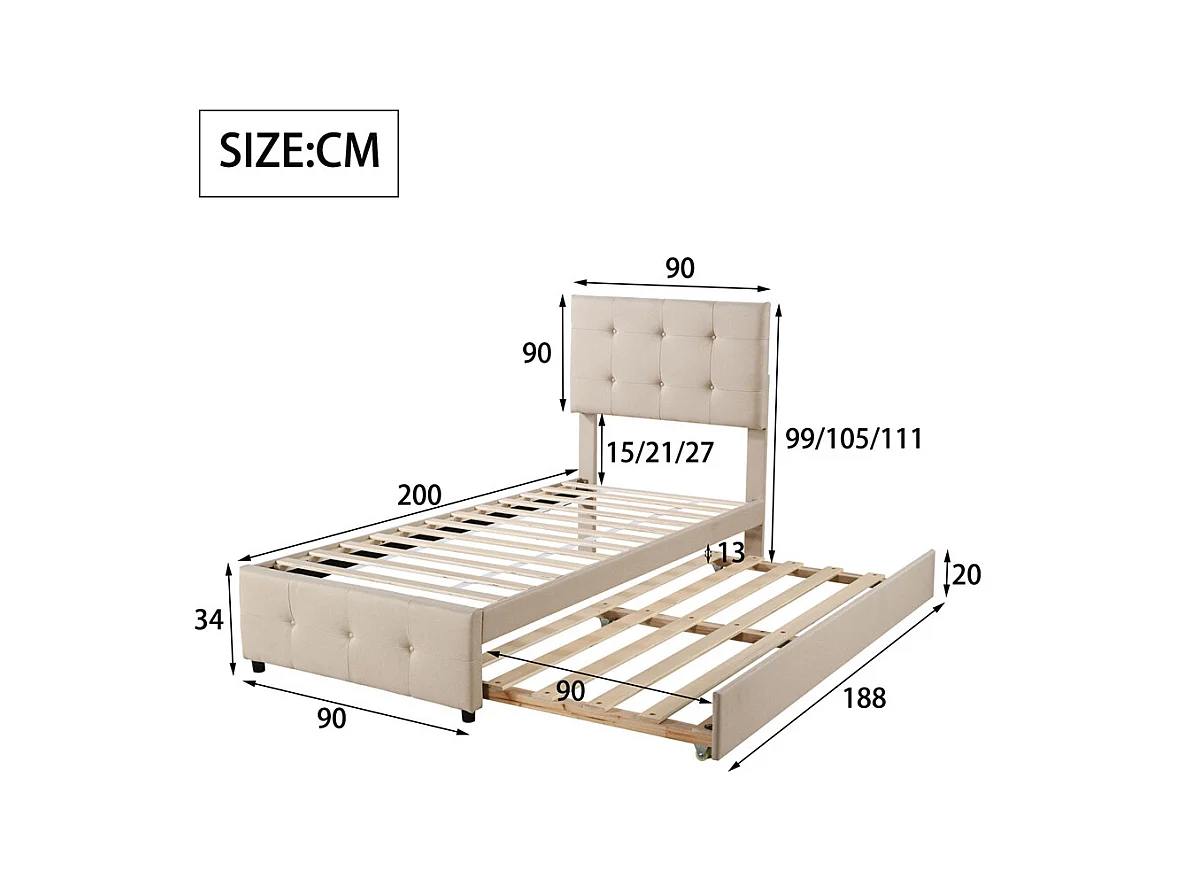 Lit jeune lit 90x200 cm lit rembourré lit simple lin beige