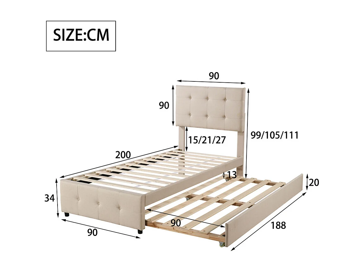 Lit jeune lit 90x200 cm lit rembourré lit simple lin beige